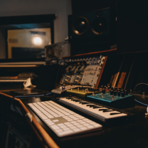 Audio production setup in dim light